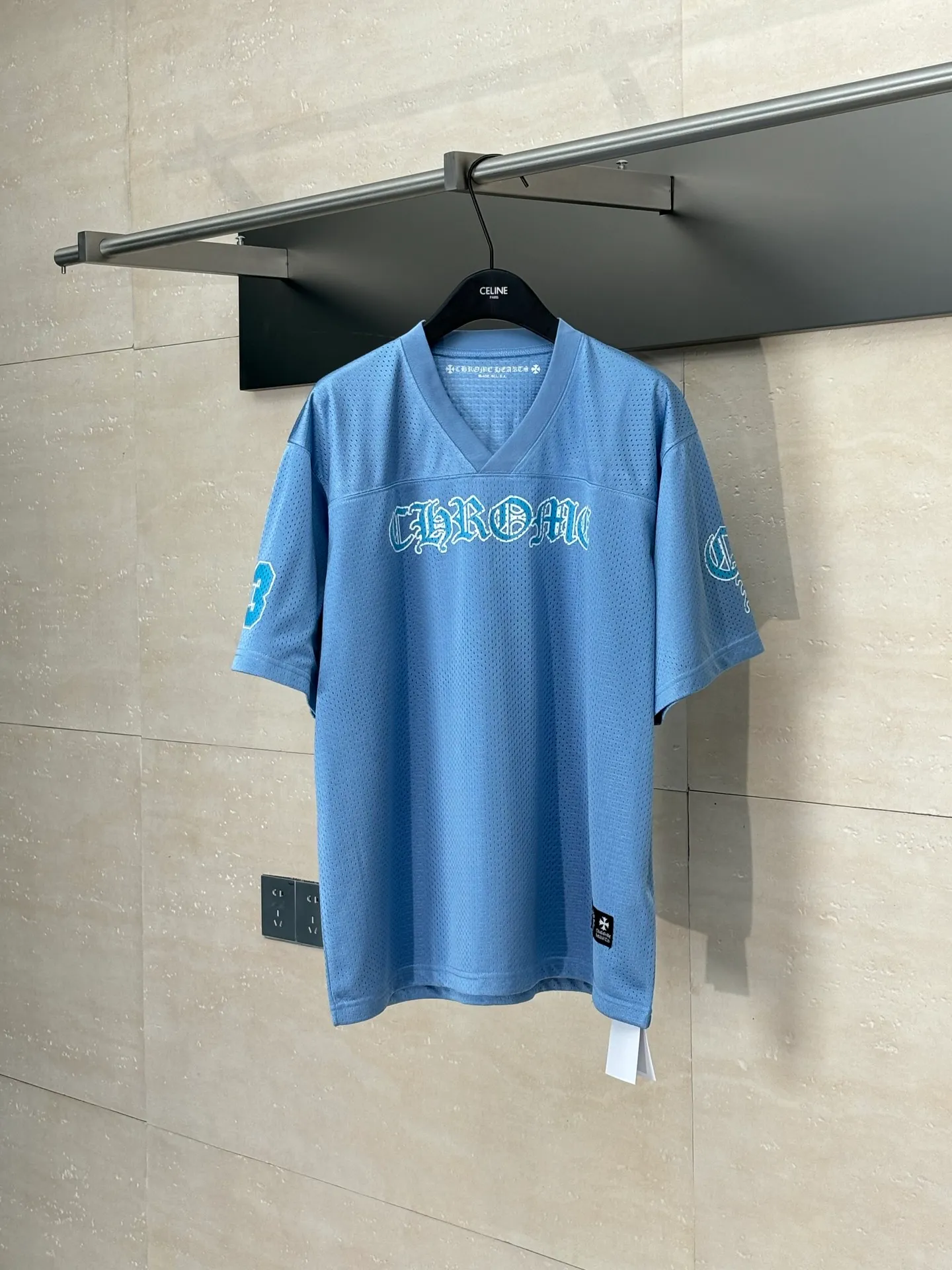 P260 Chrome Heart*/Ch Chrome Heart 25SS mesh glitter blue ice hockey jersey short-sleeved. The fabric is made of high-density 100D bird's eye cloth. Double-sided mesh positioning is very time-consuming. The cost of labor loss is very high. It is not a single-layer thin transparent bottom junk product on the market. Same style for men and women. OS version Size: S/M/L